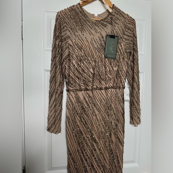 MAC DUGGAL embellished long sleeve column gown in mocha 12 NWT - Picture 8 of 11